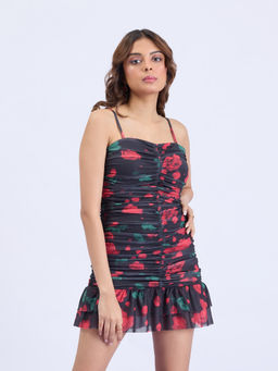 MIXT by Nykaa Fashion - Black and Red Floral Bodycon Ruched Mini Dress