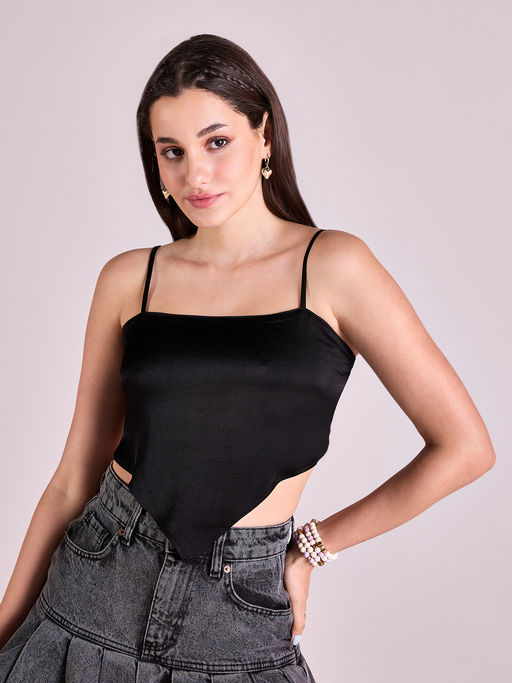MIXT by Nykaa Fashion Black Square Neck Asymmetric Strappy Scarf Crop Party Top