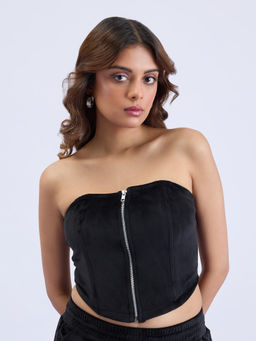 MIXT by Nykaa Fashion - Black Solid Corset Velour Tube Top