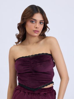 MIXT by Nykaa Fashion - Maroon Solid Velour Tube Crop Top