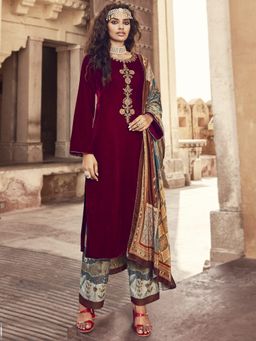 Stylee LIFESTYLE - Maroon Velvet Embroidered Dress Material (Set of 3)