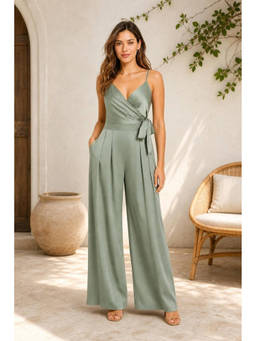 Cider - Satin Knotted Pleated Wide Leg Jumpsuit (XXS)