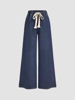 Cider - Dark Blue Leslie Denim High Waist Solid Tie Front Wide Leg Jeans