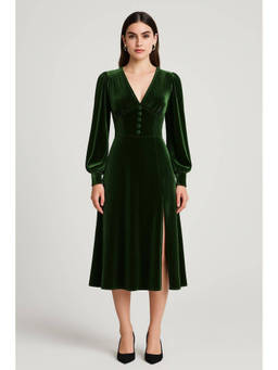 Cider - Velvet Solid V-Neck Split Dress with Balls