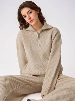 Cider - Wool-Blend Collar Solid Zipper Knitted Sweater