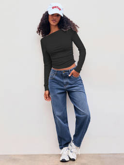 Cider - Cotton-blend Boat Neck Solid Ruched Long Sleeve Tee