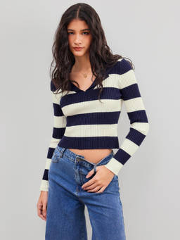 Cider - Knit Polo Striped Long Sleeve Top