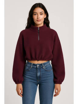 Cider - Fleece High Neck Solid Drawstring Zipper Sweatshirt