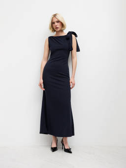 Cider - Boat Neck Solid Bowknot Maxi Dress