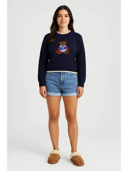 Cider - Round Neckline Graphic Bear Long Sleeve Sweater (XS)