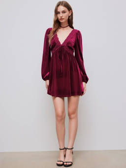 Cider - Velvet V-neck Knotted Lace Ruffle Mini Dress