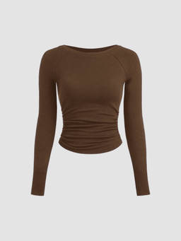 Cider - Thermal Cotton-blend Boat Neck Solid Ruched Long Sleeve Tee
