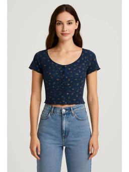 Cider - 100% Cotton Pointelle U-neckline Floral Lettuce Trim Short Sleeve Top