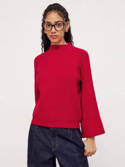 Cider - Knit Round Neckline Solid Roll Up Sweater