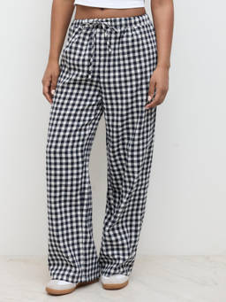 Cider - Cotton-blend U-neckline Bowknot Cami Top & High Rise Gingham Wide Leg Trousers
