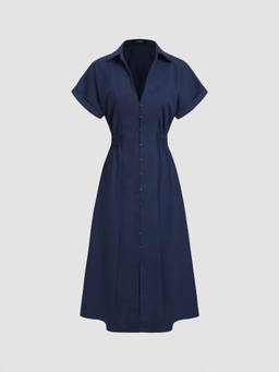 Cider - Linen-blend Collar Solid Shirred Button Midi Shirt Dress