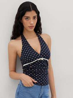 Cider - V-neck Halter Polka Dot Bowknot Ruched Top