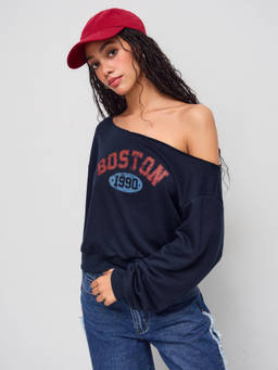 Cider - Boston 1990 Terry Asymmetrical Neck Graphic Oversized Sweatshirt