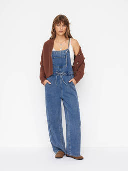 Cider - Denim Square Neck Bowknot Wide Leg Jumpsuit