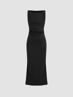 Cider - Satin Boat Neck Ruched Dress