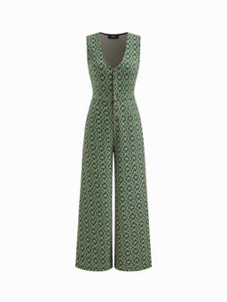 Cider - Floral V-neck Button Wide Leg Jumpsuit