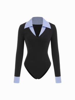 Cider - Cotton Collar V-neck Two Tone Striped Bodysuit