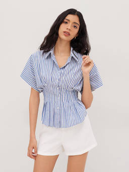 Cider - Cotton-blend Collar Stripe Pleated Cinched Waist Shirt