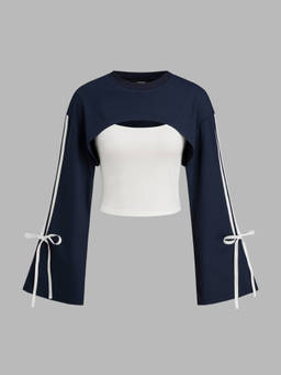 Cider - Side Striped Bowknot Sweatshirt & Solid Cropped Cami Top