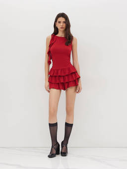 Cider - Boat Neck Ruched Ruffle Hem Layered Micro Romper