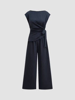 Cider - Boat Neck Stripe Ruched Knotted Straight Leg Jumpsuit
