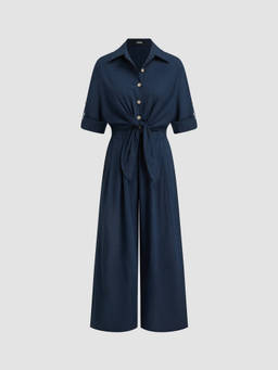 Cider - Linen-blend Collar Knotted Roll Hem Oversized Jumpsuit