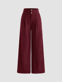 Cider - Corduroy High Rise Solid Pleated Double Button Pocket Wide Leg Trousers
