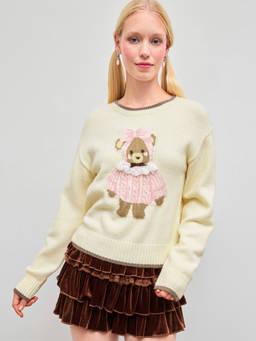 Cider - Knit Round Neckline Bear Contrasting Binding Sweater