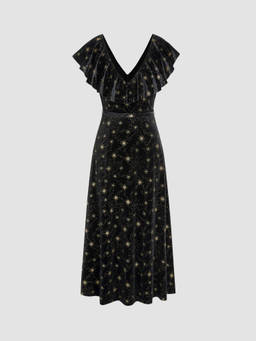 Cider - Velvet V-neck Star Ruffle Tie Back Midi Dress