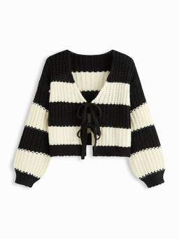 Cider - Knit V-neck Striped Tie Front Oversized Cardigan Curve & Plus
