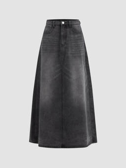 Cider - Denim Mid Waist Solid Pocket Maxi Skirt