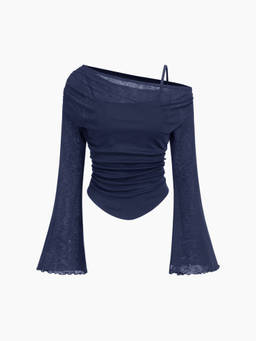 Cider - Asymmetrical Neck Ruched Lettuce Trim Top