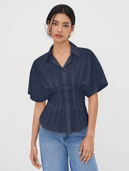 Cider - Linen-blend Collar V-neck Pleated Short Sleeve Shirt