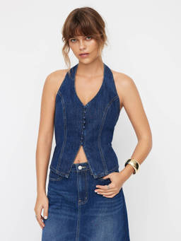 Cider - Denim Halter V-neck Split Front Top