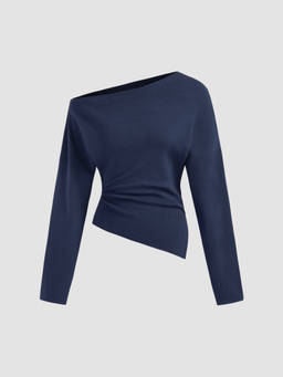 Cider - Knit Asymmetrical Neck Solid Ruched Long Sleeve Top