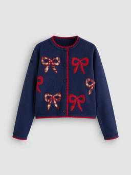 Cider - Knit Round Neckline Bowknot Applique Cardigan