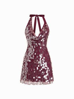 Cider - Sequin Halter Neckline Backless Lettuce Trim Dress