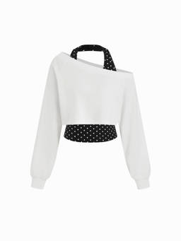 Cider - Two Piece Terry Asymmetrical Neck Crop Sweatshirt with Striped Tank Top