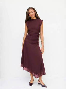 Cider - High Neck Ruched Asymmetrical Hem Midi Dress