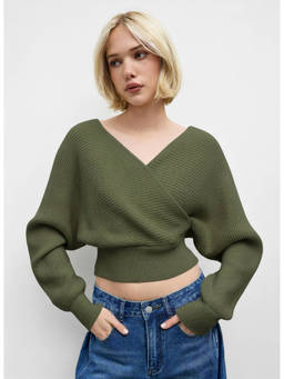 Cider - Knit V-Neck Solid Wrap Crop Long Sleeve Top
