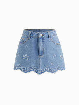 Cider - Denim Low Rise Floral Embroidery Raw Hem Mini Skirt