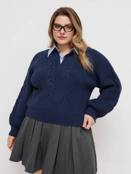 Cider - Cable Knit Collar Two Tone Oversized Top Curve & Plus