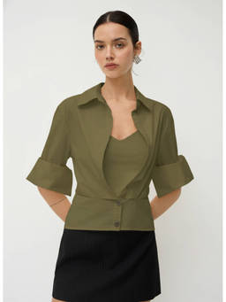 Cider - Cotton Collar Mid-Length Sleeve Shirt With Cami Top