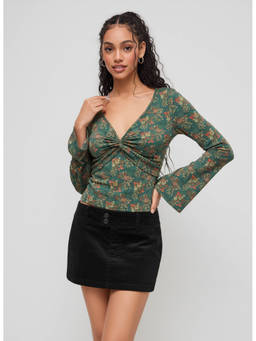Cider - V-Neck Floral Twist Long Sleeve Top