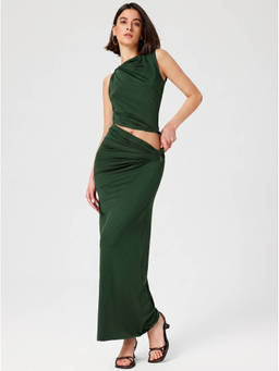 Cider - Knotted Ruched Women's Slim Maxi Skirt Set Green
